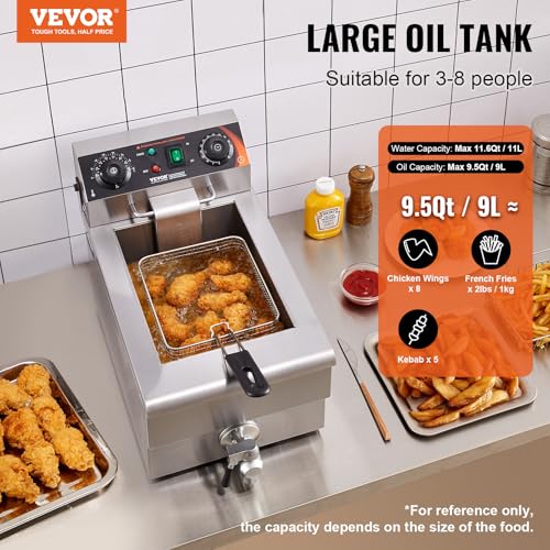 VEVOR kommerzielle Fritteuse, 1500 W elektrische Fritteuse mit Korb, 9 L Edelstahl Fritteuse mit Zeit- und Temperaturkontrolle, Überhitzungsschutz, Fritteuse für Küche Restaurant Café Bar – Bild 3