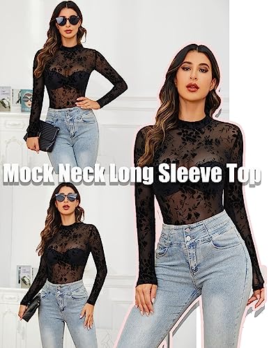 Mesh Top for Women Long Sleeve Mock Neck Mesh Shirt Sheer Top Solid Floral Tee Shirts S-XXL3