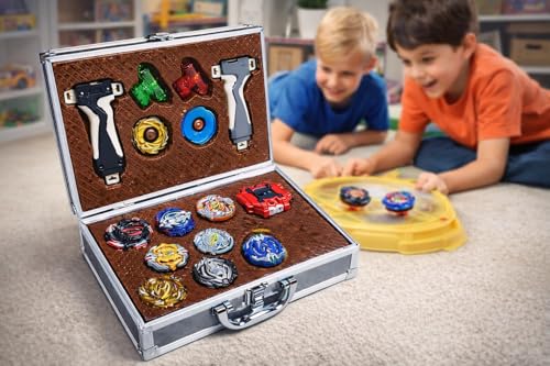Maleta Bley Blade com 8 Peões + 2 Lançadores Kit Completo de Batalha com Estojo Metálico Resistente Brinquedo Infantil para Duelo de Blades