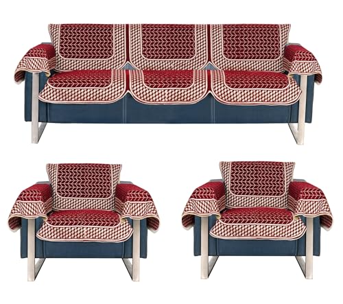 Image of Premium Chenille Woven Anti-Slip 5 Seater Sofa Cover with Armt Rest | L-Shape Sofa Seat Protector for Living Room | Durable & Stylish Slipcover - Maroon - 3D