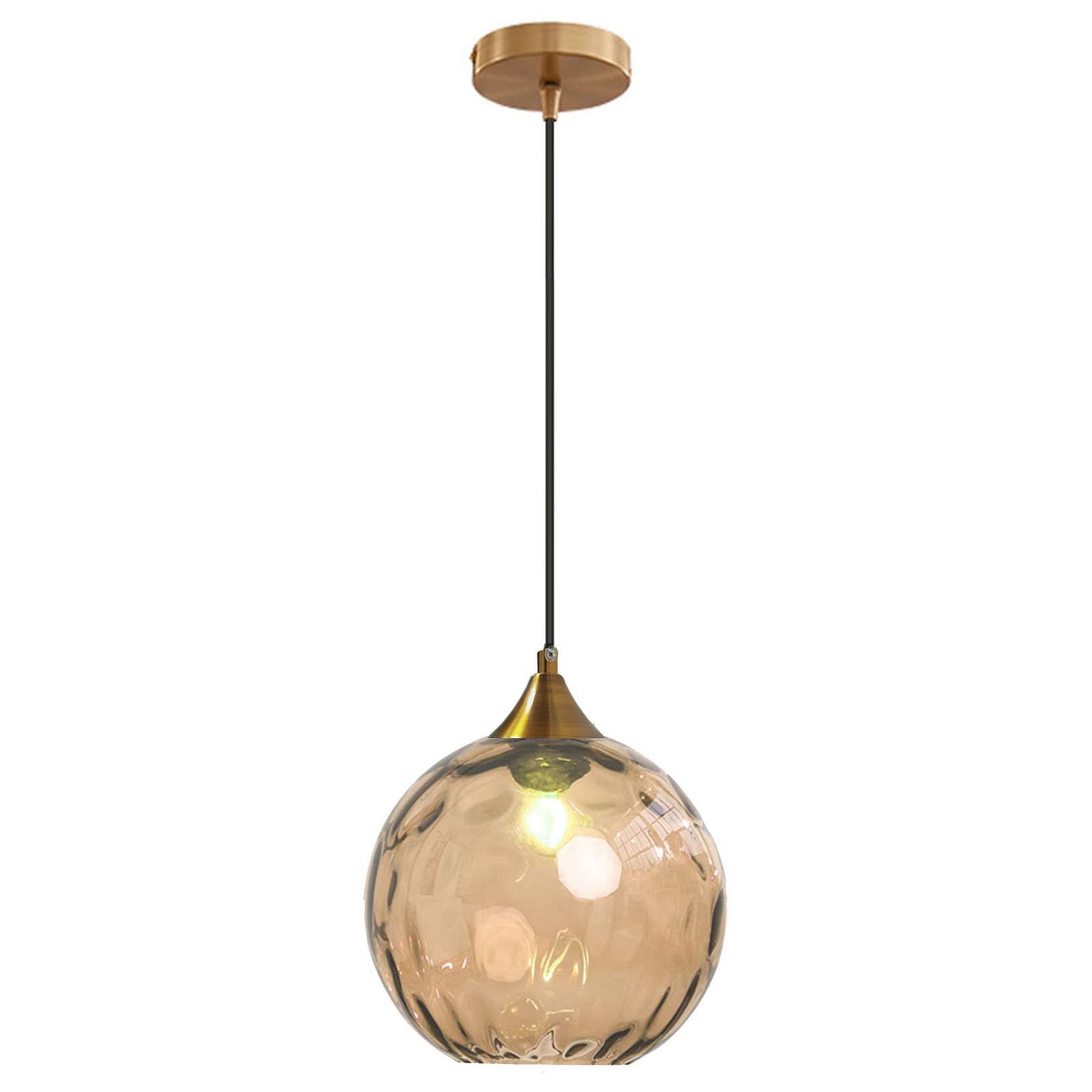MZStech 20cm Amber Globe Glass Pendant Light Bronze Gold Base with Glass Ball Hanging Ceiling Lamp for Kitchen Island Dinning Room and Bedside (Amber)
