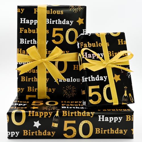 50th Birthday Wrapping Paper 5Pcs 50 * 70cm Gold Black Wrapping Paper for Woman Men Birthday Decorations