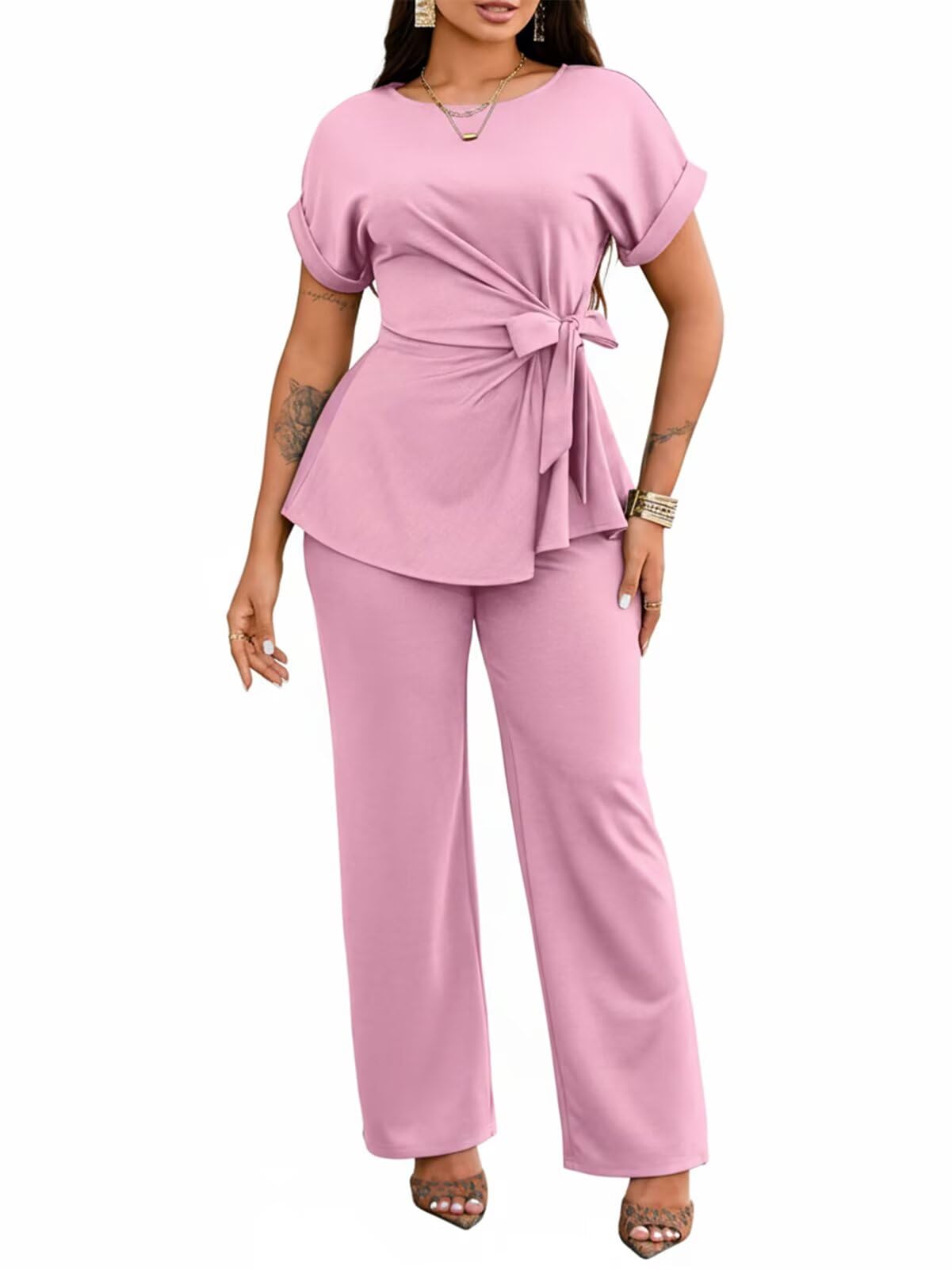 Women's 2 Piece Outfits Short Sleeve Peplum Top Flared Pant Business Suit Set Dressy Pantsuits-image-48