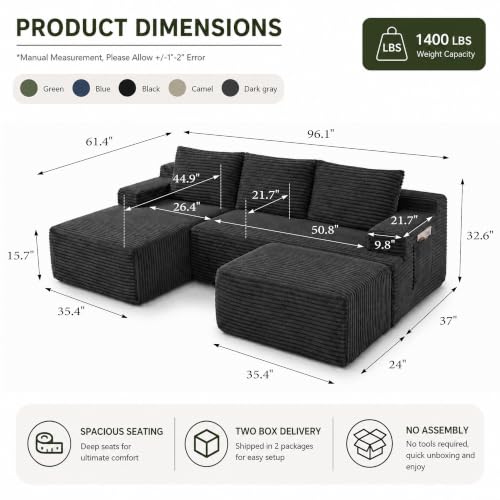 Image of Boneless Couch, Modular Sectional Couches for Living Room, U-Shaped Cloud Couch Sofa with Deep Seat, Fluffy Corduroy Upholstered Corner Sofa