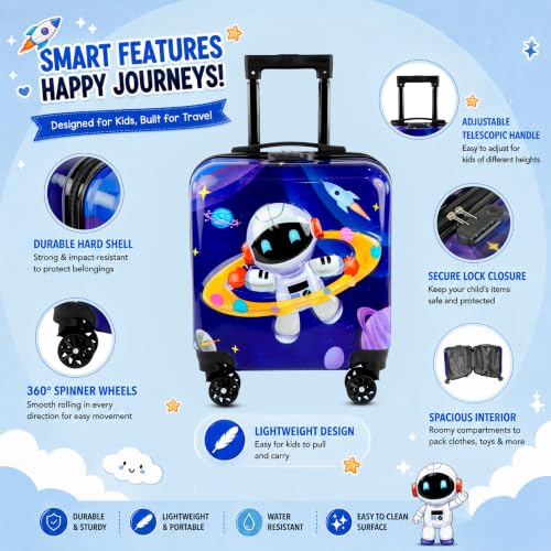 Image of Storite 18In Kids Luggage Trolley Hard Shell Cabin Suitcase | Cartoon Space Astronaut Design Suitcase Ideal For Trips Vacations Holidays And Weekend Travel (Navy Blue-35 x 23 x 38 Cm)