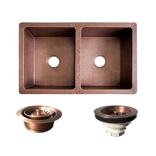 CT Copper Tailor 33 Copper Farmhouse Kitchen Sink 16 Gauge Thick Hand-hammered Antique Copper 50/50 Double Bowl Sink Strainer Included