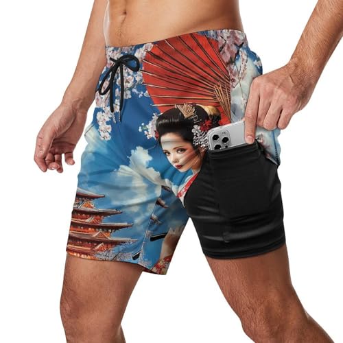 Japanese Kabuki Geisha Mens Swim Trunks with Compression Liner Quick Dry Board Shorts Bathing Suit2