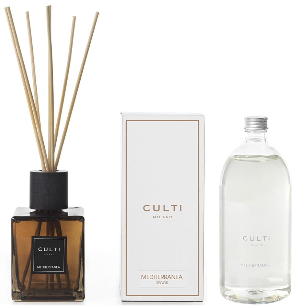 Duftstäbchen 500 ml Decor mit Nachfüllpackung 1000 ml – eleganter Raumduft – Culti Milano – Lebensdauer 6 Monate Abdeckung 30 m² – edles Design und hochwertiger Duft (mediterran)