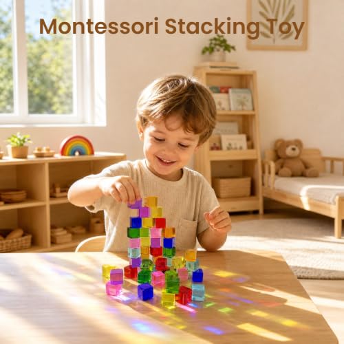Image of Woodtoe 120 PCS Rainbow Building Blocks for Kids, Acrylic Gem Block Age 3-6