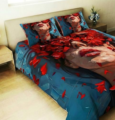 Image of Home Sizzler 7D Digital Print Impasto Floral Mask Art Soft Microfiber Double Bedsheet with 2 Pillow Covers, 300TC