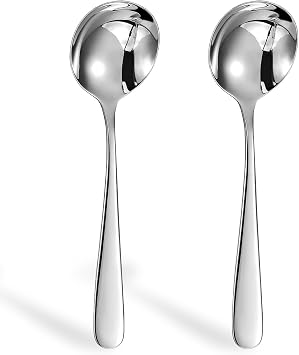 Soup Spoon 2 Pieces Set, Stainless Steel Round Stainless Steel Bouillon Spoons, for Celebrations, Family Dinners, Hotel, Restaurants, Cereal Spoons & Sugar Spoons & Table Spoons 18.8cm