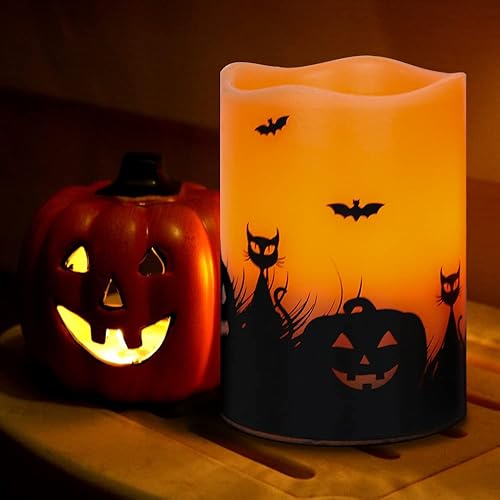 Miniatura 6 de Lasumora Velas de Halloween sin llama con temporizador de 6 horas, velas LED naranjas parpadeantes de cera real, bruja, murciélagos, castillo,