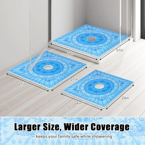 Image of Square Shower Mat Non Slip: 31x31 Inch Extra Large Shower Floor Mat with Drain Hole in Middle - Soft PVC Loofah Bath Mat for Shower - Anti Slip Shower Stall Mat for Elderly and Kids