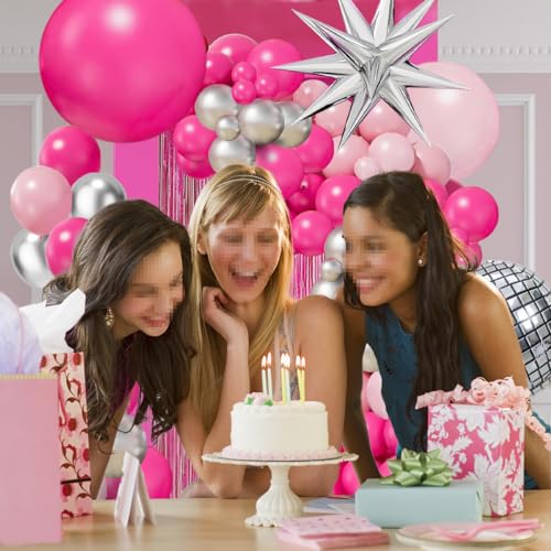 Image of Hot Pink Balloon Garland Arch Kit (Pack of 2) | Pink silver Chrome Balloons with Silver Disco Ball Explosion Star Balloon for Women Birthday Party Valentine's Day Bridal Sho