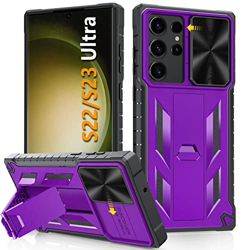 Case for Samsung Galaxy S23 Ultra: Military Grade Drop Proof Protection Rugged Protective S22 Ultra 5G Phone Cover with Built-in Kickstand & Slide - Shockproof TPU Shell Matte Textured Bumper-Purple