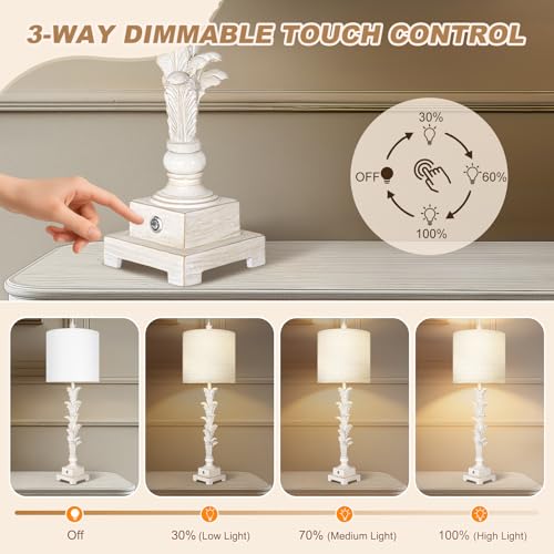 Vintage Table Lamps Set of 2, 3-Way Dimmable Touch Buffet Lamps with 2 USB Ports, 33'' Bedside Nightstand Lamps with Linen Shades, Rustic Farmhouse Table Lamps for Living Room Bedroom, Washed White - Image 4