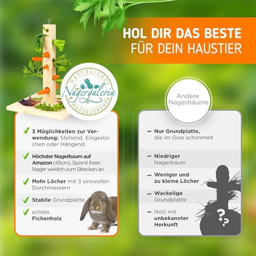 Nagergaleria® Futterbaum Kaninchen Meerschweinchen mit Bodenplatte aus Holz und Erdspieß fürs Freigehege Hasen | Heuraufe Kaninchen