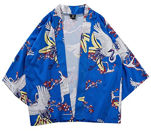 LifeHe Men's Kimono Cardigan Casual Cotton Linen Seven Sleeves Open Front Coat (Blue, L)