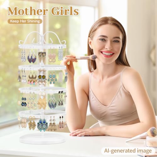 Image of MODOWEY 4 Tiers Metal Rotating Earring Holder Organizer Stand Adjustable Display Tree, 176 Holes Large Carousel Rack for Stud Hoop Pierced Dangling Women, Idear View for All Earrings, White
