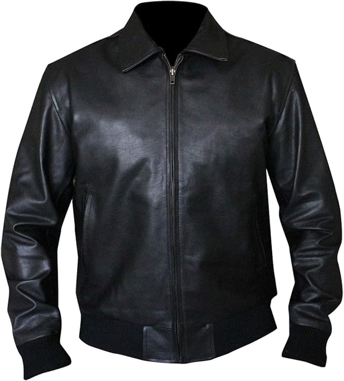 Mens Black Happy Arthur Fonzie Vintage Classic Genuine Bomber Leather Ribbed Biker Jacket