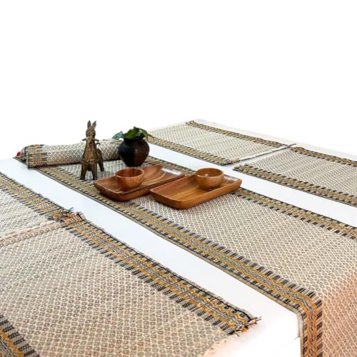 Image of Grass Handcrafted Heat Resistant Dinner Placemats for Dining Table | Eco Friendly Tableware Sustainably Handwoven from Natural Grass, Rectangle (4 PLACEMATS and 1 Table Runner, Beige)