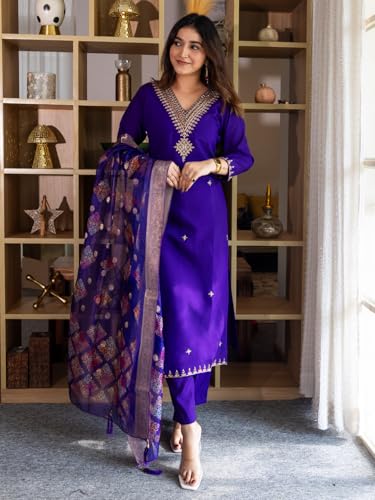 Image of VredeVogel Women's Beads Embroidered Silk Blend Kurta Pant Set with Organza Dupatta | Perfect for Festive & Casual Ethnic Kurta Set for Women