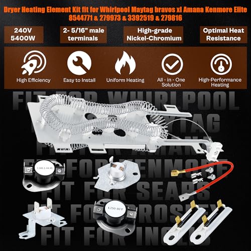 Upgrade WP8544771 8544771 Dryer Heating Element fit for Whirlpool-Duet-Cabrio-Maytag-Bravos-XL-Kenmore-Elite-Oasis HE2 HE3 HE4 HE5 Dryer Parts Repair Kit with 8544771 279816 279973 3392519 LUXRILIX