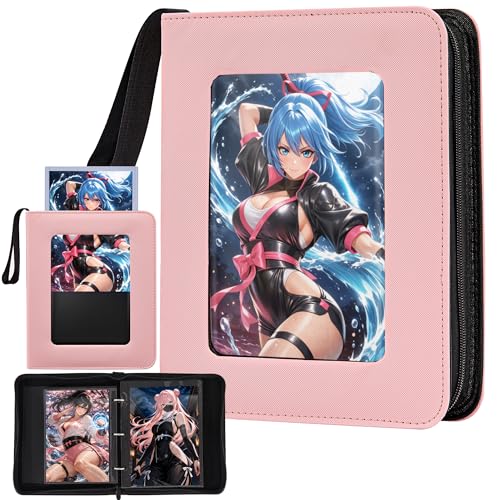 Zettokete Jumbo Card Binder with Display Window Oversized Card Storage Album Fits L & XL Jumbo Cards 3-Ring Zipper Binder with Support Dividers Holds 100 Jumbo Cards Pink