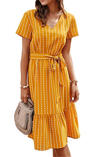 HOP FASHION Women's Retro Vintage Strips Midi Dresses Sexy V-Neck Split Flowy Short Sleeves Elastic Waist with Belt Beach Cocktail Party Long Dress HOPM553-Yellow-XL