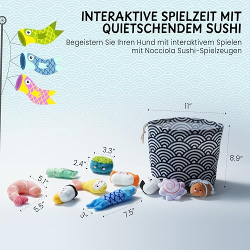 Nocciola Sushi-Hundespielzeug für kleine bis mittelgroße Hunde, niedliches Plüschspielzeug mit Tasche, quietschendes Spielzeug für kleine bis mittelgroße Hunde, 10 Stück