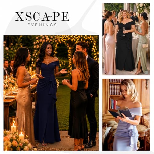 Image of Xscape Women's Long Off-the-Shoulder Sweetheart Neckline Formal Evening Gown with Ruching and Draped Ruffle Detail