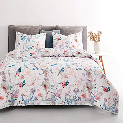 Image of Wake In Cloud - Bird Comforter Set, Colorful Floral Flowers Leaves Botanical Plant Pattern Printed, Soft Lightweight Bedding, 3 Pieces, Lilac Blue, Queen Size