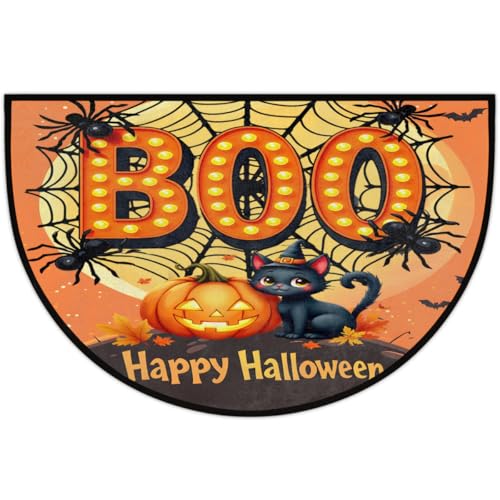 Image of cfpolar Half Round Door Mat Halloween Cat Spider Pumpkin Non-Slip Semi Circle Area Rug Washable Half Moon Hearth Rugs for Indoor Outdoor Bathroom Kitchen Patio Runner Mat Laundry Room Home Decoration