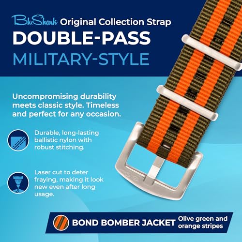 Image of BluShark - Original Collection Military-Style Waterproof Watch Strap, Fits All Timepiece Brands, Durable Nylon Wristwatch Accessories with Stainless Steel Buckle - 18mm, 20mm, 22mm & 24mm Watch Bands
