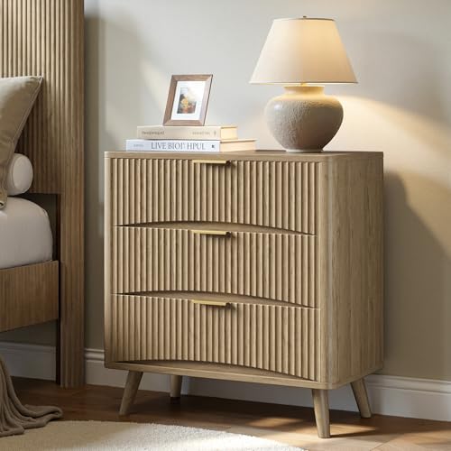 Image of Evermagin 31.5 inchW Oversized Large Fluted Nightstands Set of 2, 3 Drawers Light Wood Night Stand Bedside Table, Mid Century Modern Small Dresser for Bedroom, Natural Oak