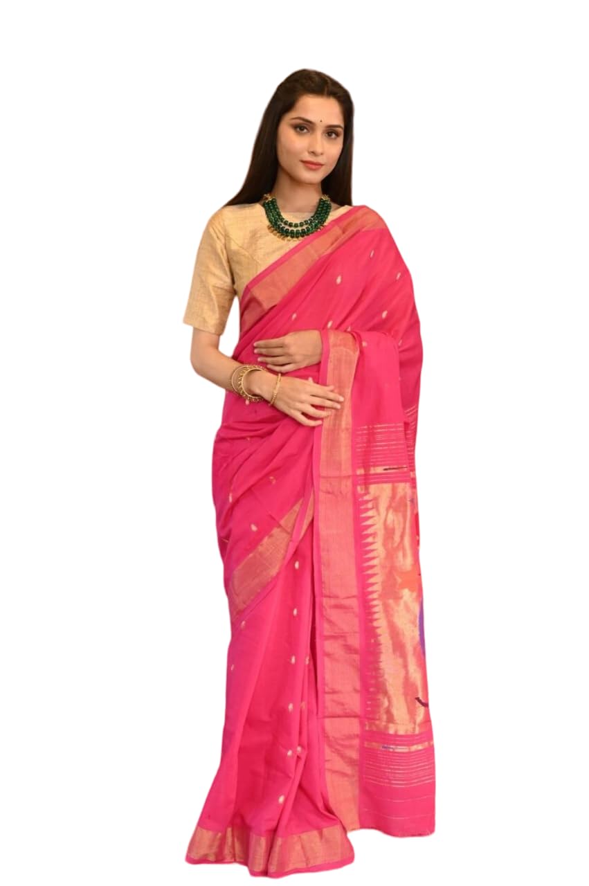 Very Much Indian Handloom Pure Cotton Rani Pink Paithani With Radha Krishna Pallu For Women Includes Blouse Piece As Seen on Shark Tank India