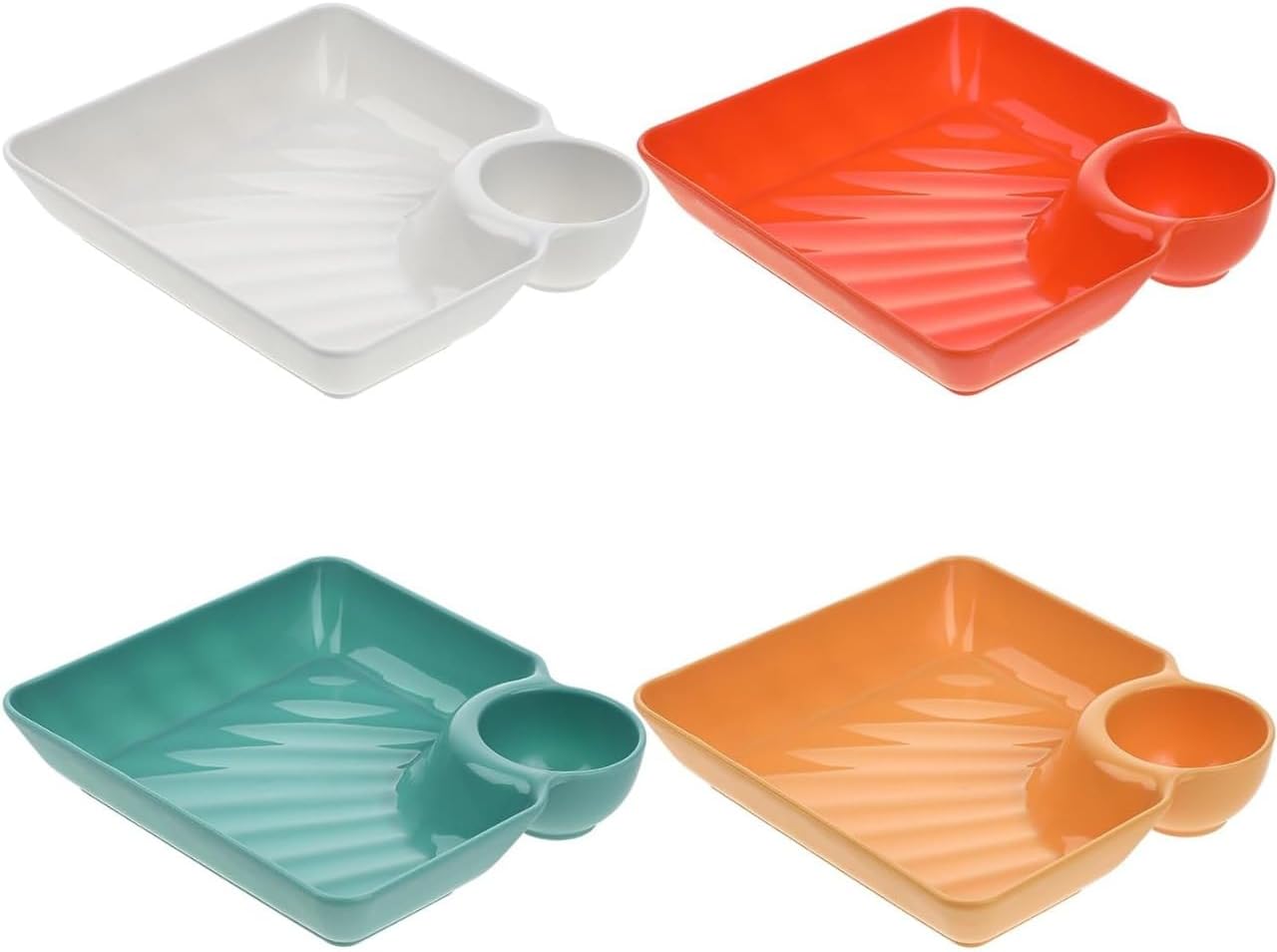 DIVOX 4pcs Dumpling Chip & Dip Serving Dishes - Plastic Salad Platter & Sushi Trays - Wasabi & Snack Dish - Dessert & Seasoning Plate (4-Different Colors)