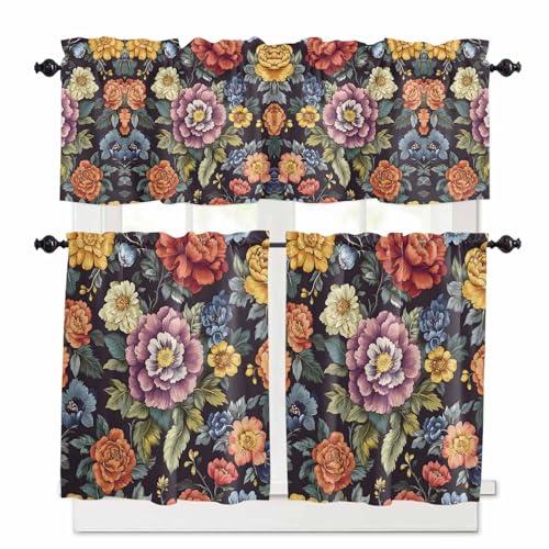 Watercolor Flower Kitchen Curtains 36 Inch Length, 3 Piece Rod Pocket Small Half Tiers and Valance Set, Seasonal Botanical Blooms Spring Small Large Window Treatment Decor for Bedroom/Bathroom Sink