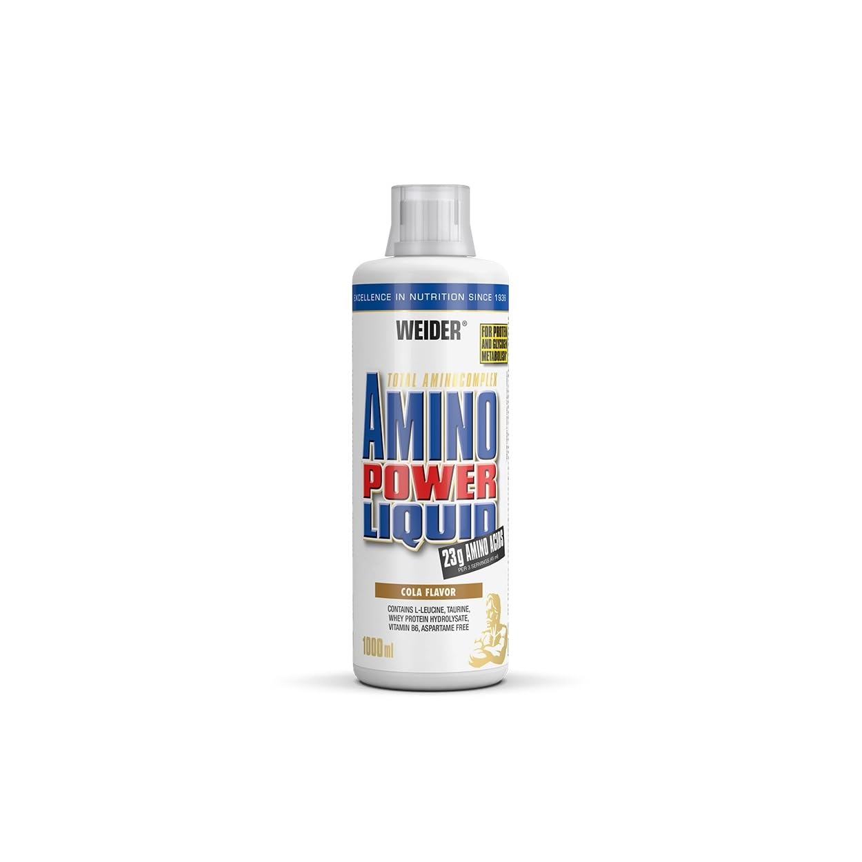 Weider - Amino Power Liquid - Flüssiges Hydrolysiertes Protein - Aminosäuren - 23g Protein pro 45 ml für Muskelaufbau - Mit L-Leucin, Taurin, Vitamin B6 - 1 Liter - Cola