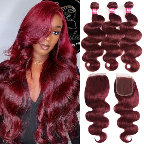 99j Burgundy Bundles with Closure Body Wave Bundles Human Hair with Closure 20 22 24+20 Inch, 4X4 Free Part Body Wave Closure with Bundle Deals Wine Red Color Quick Weave Human Hair Extensions