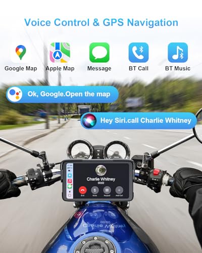 Portable Motorcycle CarPlay HD Touch Screen, Motorcycle GPS Navigation System with Apple Carplay and Android Auto, IP67 Waterproof, Support Tire Pressure settings, Bluetooth, Voice Control, Navigation