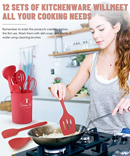 Image of Red Kitchen Utensils Set-12 Pieces Silicone Cooking Utensils Set
