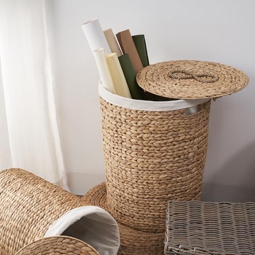 Image of Round Woven Wicker Laundry Hamper with Lid - Large Water Hyacinth Storage Basket, 18x18x23 in