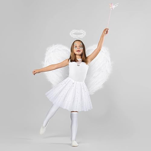 Miniatura 5 de Hillban Disfraz de ángel de Halloween con alas de plumas, falda tutú, diadema, cuernos de diablo, calcetines y calcomanías de gemas para mujer