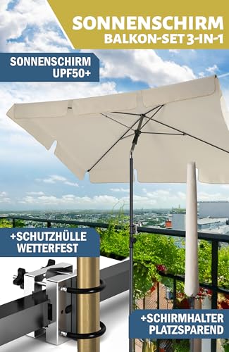 Menz Sonnenschirm Balkon - 3-IN-1 SET - UV50+ Sonnenschirm rechteckig 200x125 cm + Sonnenschirmhalter Balkongeländer + Sonnenschirmhülle - Sonnenschutz Balkon, Beige 2