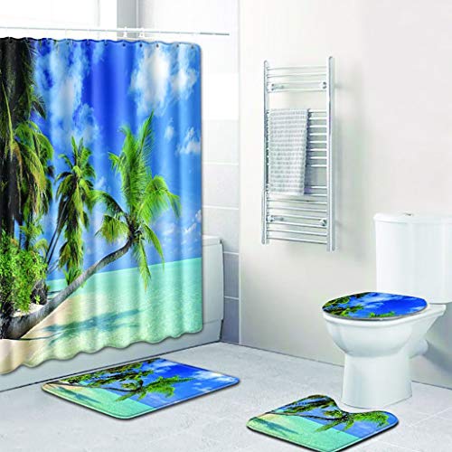 XUEPING 4-teiliges Badeset: Duschvorhang Und 3 Matten (Rutschfeste Badematte+Teppichboden+WC-Sitzbezug) Strand 10 Muster (Farbe : C)