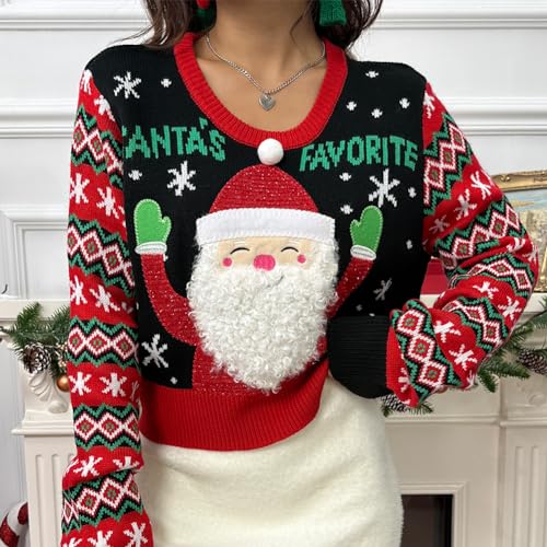 Image of Christmas Sweater for Women, Cute Long Sleeve Crew Neck Santa Claus Knitted Sweater Ugly Christmas Sweater Pullover Top