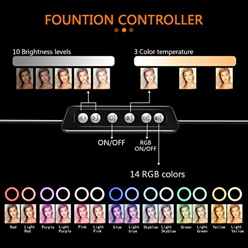 Selfie Ring Light - 14 Colors RGB Ring Light with 2 Adjustable Tripod Stand/Phone Holder/Camera Remote Shutter Best 10 Brightness Levels Dimmable LED Ring Light for Makeup,YouTube, Photography - Thumbnail 4