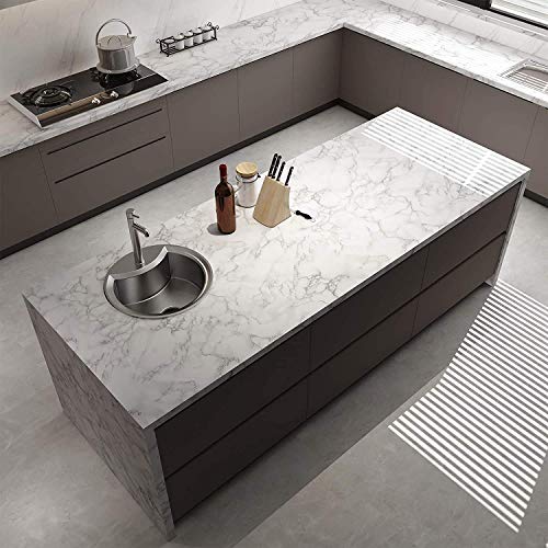 Image of FOKRIM White Marble Wallpaper (200x60CM)(White) Self Adhesive Wall Stickers Oil-Proof Waterproof Peel & Stick Contact Wallpaper for Kitchen Living Room Office Table Home Decor Furniture Workshop