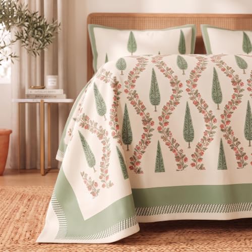 Image of BSB HOME 240 TC Cotton Feel Double Bedsheet with 2 Pillow Covers, Premium Soft Breathable Bed Sheet Set, Fade Resistant, All-Season, Easy Care, 90 x 100 Inches (228 x 254 cm) - Ivory & Olive Green